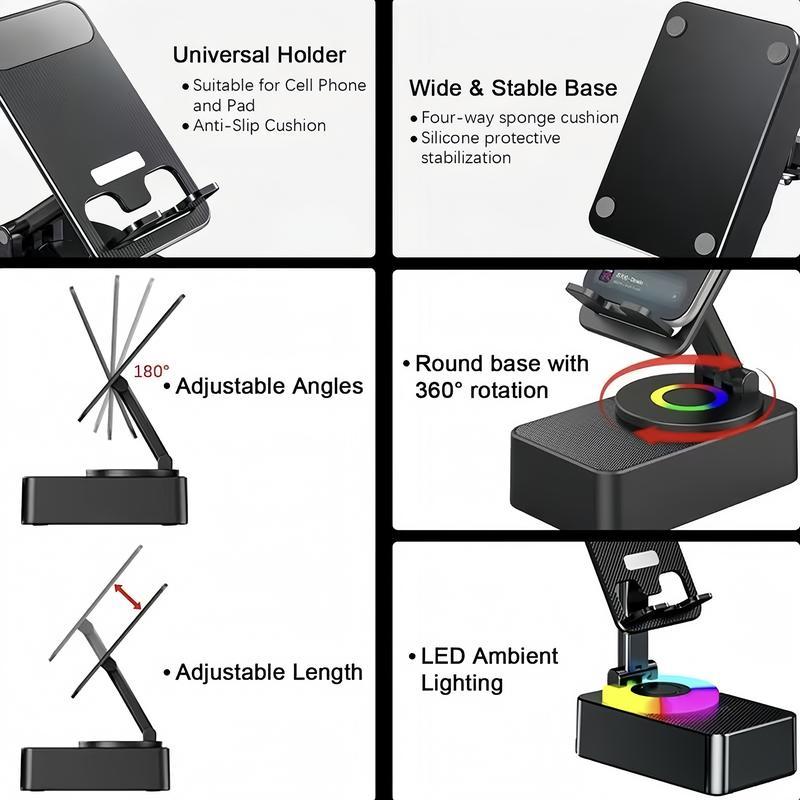 Drahtloser Bluetooth-Lautsprecher 5in1 mit Handyhalterung📲🤳🏻Cilifer® Notfall-Akku mit farbigem Umgebungslicht, 300° faltbar für Tablets, iPhones und Android-Geräte, Geschenkidee für Männer und Frauen, schwarz📲M2