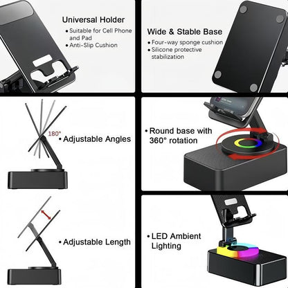 Drahtloser Bluetooth-Lautsprecher 5in1 mit Handyhalterung📲🤳🏻Cilifer® Notfall-Akku mit farbigem Umgebungslicht, 300° faltbar für Tablets, iPhones und Android-Geräte, Geschenkidee für Männer und Frauen, schwarz📲M2